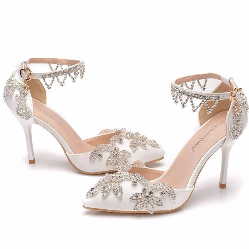 Escarpins Femmes Talons Hauts Fins Bout Pointu Bride À La Cheville Sandales Chaussures De Mariage Fête - Blanc