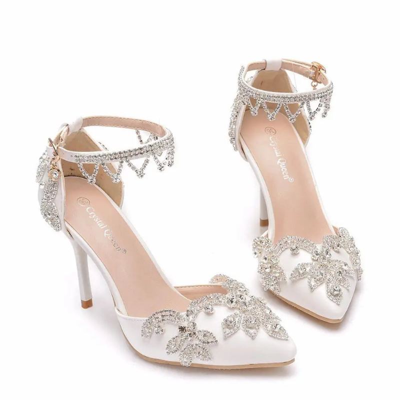 Escarpins Femmes Talons Hauts Fins Bout Pointu Bride À La Cheville Sandales Chaussures De Mariage Fête - Blanc