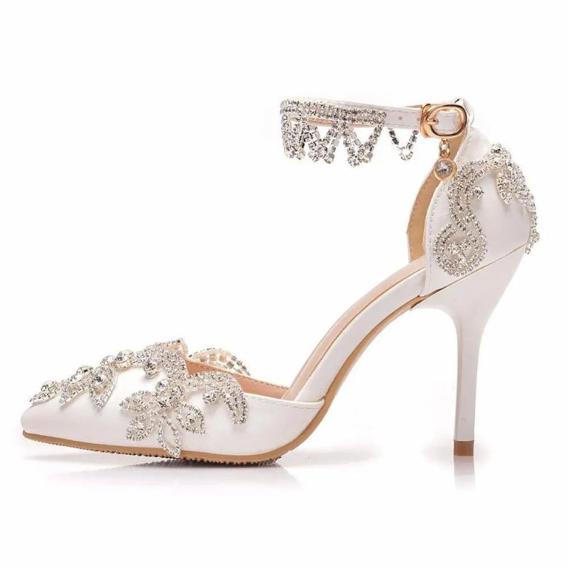 Escarpins Femmes Talons Hauts Fins Bout Pointu Bride À La Cheville Sandales Chaussures De Mariage Fête - Blanc