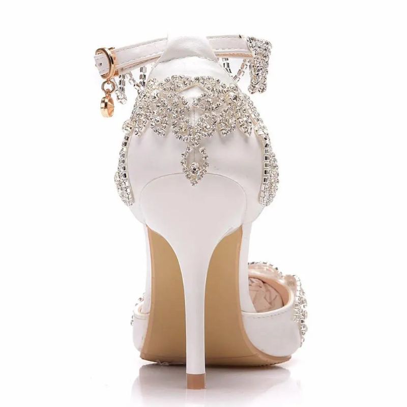 Escarpins Femmes Talons Hauts Fins Bout Pointu Bride À La Cheville Sandales Chaussures De Mariage Fête - Blanc