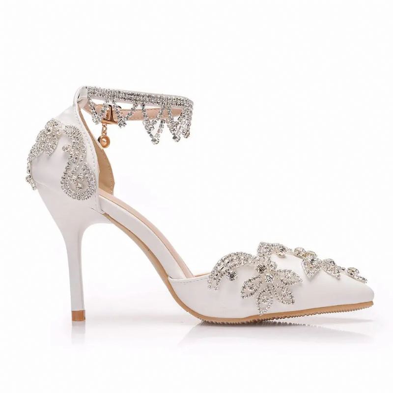Escarpins Femmes Talons Hauts Fins Bout Pointu Bride À La Cheville Sandales Chaussures De Mariage Fête - Blanc