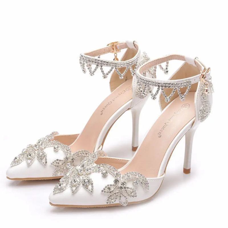 Escarpins Femmes Talons Hauts Fins Bout Pointu Bride À La Cheville Sandales Chaussures De Mariage Fête - Blanc