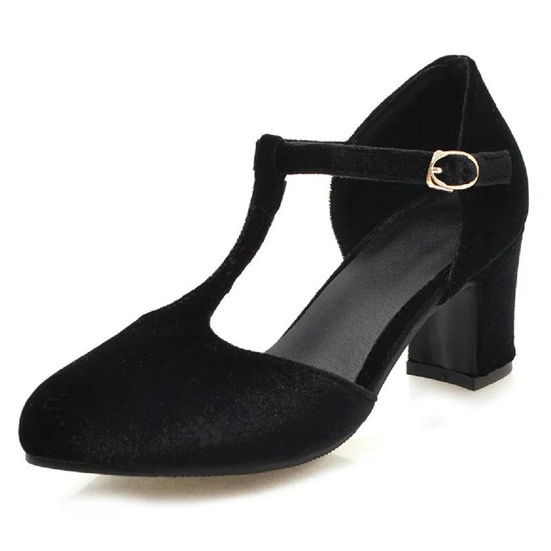 Escarpins Mary Janes En Velours Pour Femmes Chaussures À Talons Rouges Et Verts Fête Mariage Bureau Dames - Noir