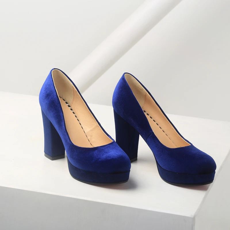 Escarpins À Plateforme Bleu Pour Femmes Bout Rond Talons Hauts Épais Chaussures De Travail Peu Profondes Dames - Beige