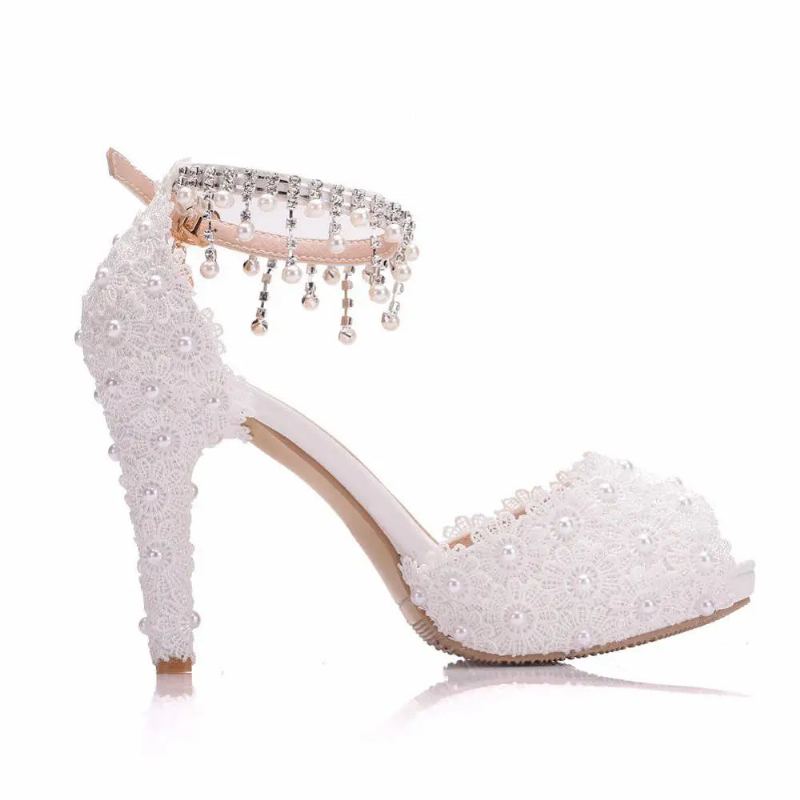 Femmes Dentelle Plate-forme Sandales Talons Hauts Imperméable Femme Blanc Chaussures De Mariage Bout Pointu Peep - Blanc