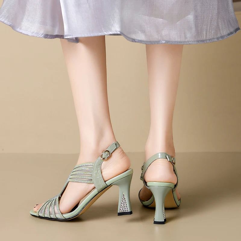 Chaussures D'été Dames Peep Toe Sandales Femme Boucle À Talons Hauts Épais - Beige