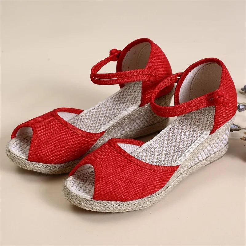 Sandales À Bout Ouvert En Lin Uni Pour Femmes Faites À La Main Plateforme Talon De 5cm Confortables Chaussures D'été Bohème Dames - Beige