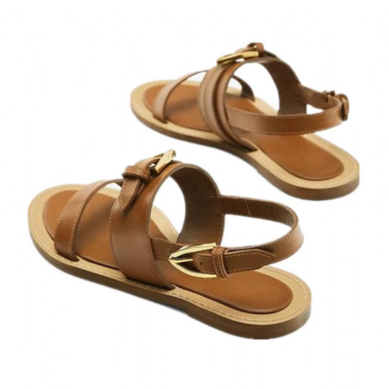 Sandales Plates En Cuir Véritable Pour Femmes Françaises D'été Élégantes Et Décontractées - Brun