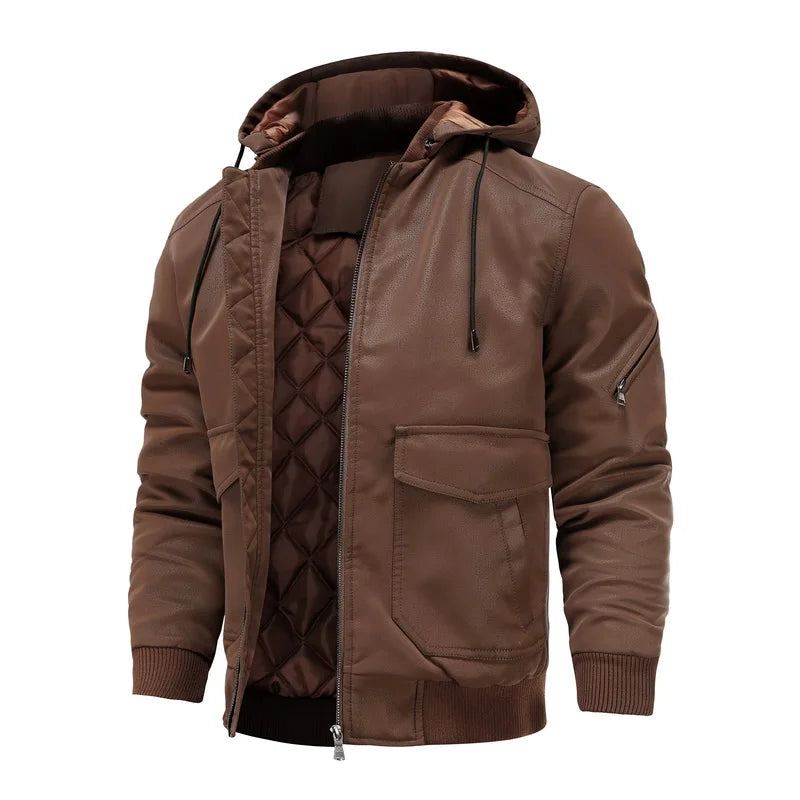 Veste En Cuir À Capuche Pour Hommes Manteau De Moto Rétro Coupe-vent Chaud Vêtements D'extérieur Motard Décontracté Hiver - Noir
