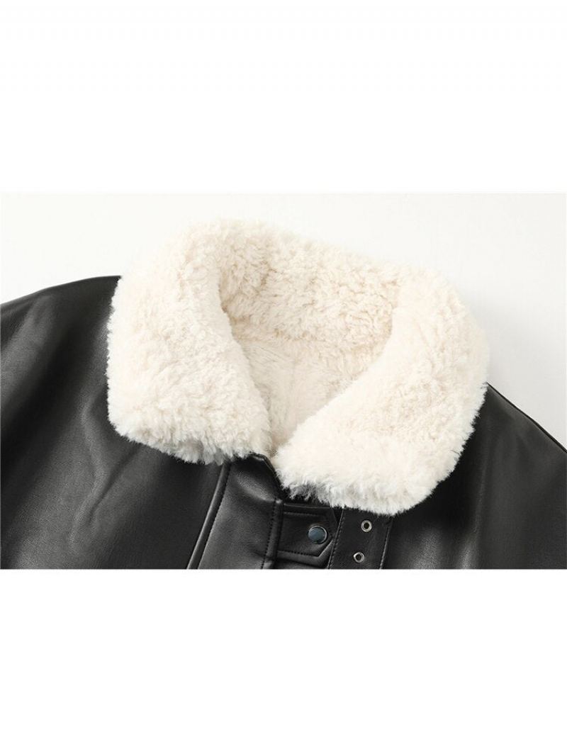 Veste En Cuir Pour Femme Automne Hiver Chaud Peluche Épais Daim Vêtements D'extérieur Laine D'agneau Manteaux De Moto Courts - Noir