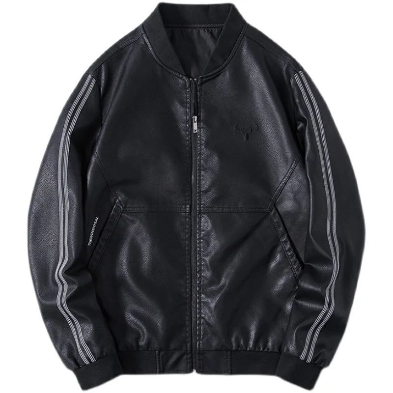 Veste En Cuir Pour Hommes Col De Baseball Costume De Moto Décontracté Simple En Mince - Noir