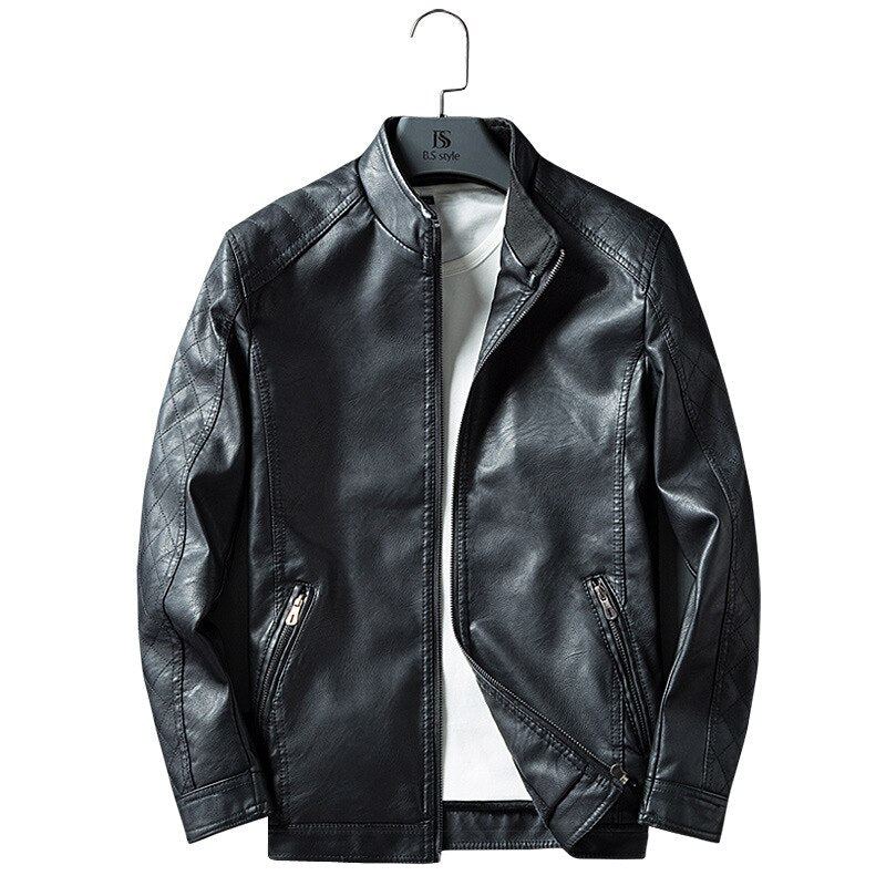 Veste D'hiver En Cuir Pour Hommes Courte Et Fine Moto Coupe Cintrée Luxe Classique Simple Manteau À Col Montant - Noir