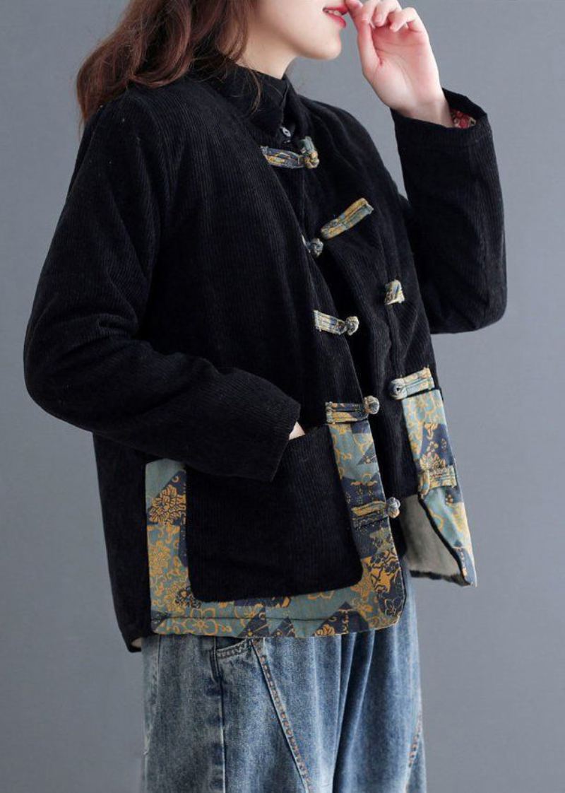 Art Noir Chinois Bouton Patchwork Chaud Polaire Manteau Vêtements D'extérieur Hiver - Doudounes femmes