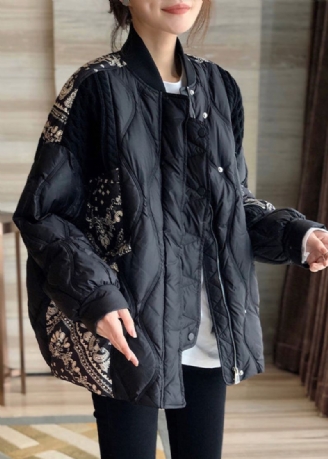 Art Noir Col Montant Imprimé Patchwork Bouton Zippé Duvet De Canard Manteau Hiver