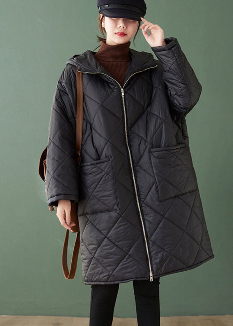 Art Noir Poches À Capuche Zippées Patchwork Manteaux Remplis De Coton Fin Hiver - Doudounes femmes