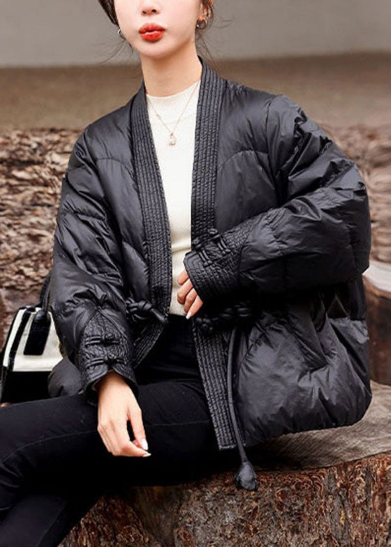 Beau Noir Col En V Bouton Oriental Conception Originale Duvet De Canard Manteaux Hiver - Doudounes femmes