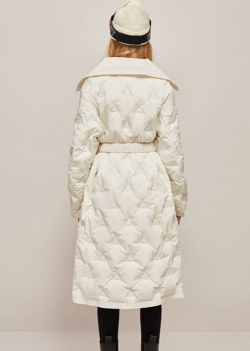 Belle Veste Blanche Avec Col Peter Pan Et Ceintures De Couleur Unie Doudoune Chaude En Duvet De Canard Pour L'hiver - Doudounes femmes