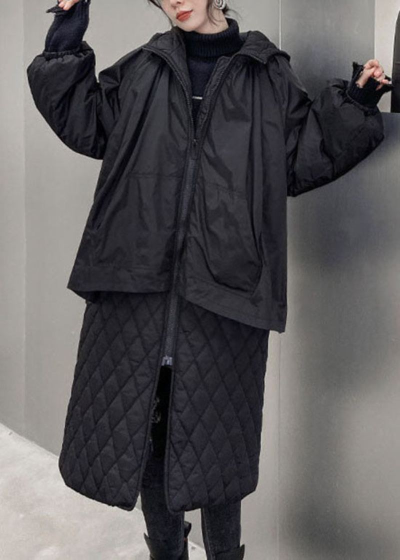 Bohème Noir À Capuche Plaid Patchwork Fine Coton Rempli Manteaux Hiver - Doudounes femmes