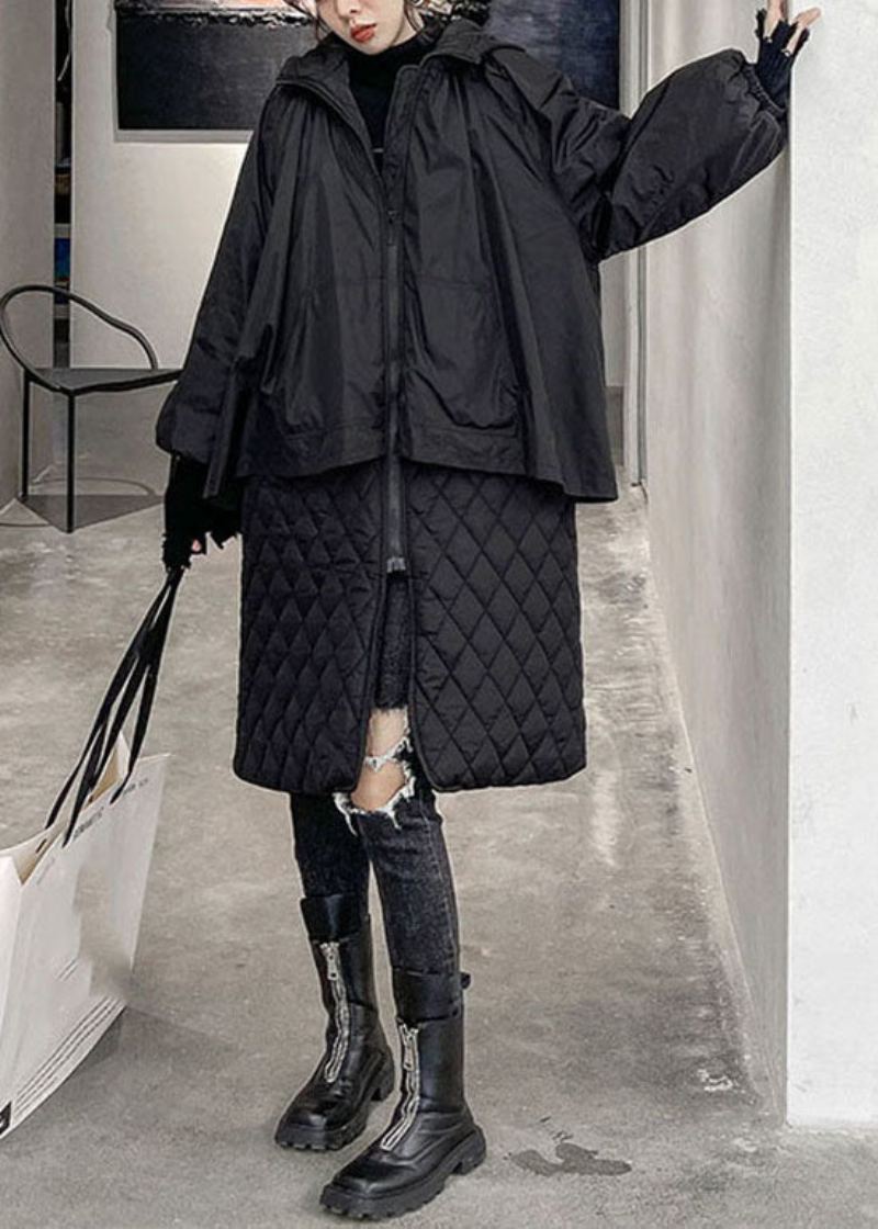 Bohème Noir À Capuche Plaid Patchwork Fine Coton Rempli Manteaux Hiver - Doudounes femmes