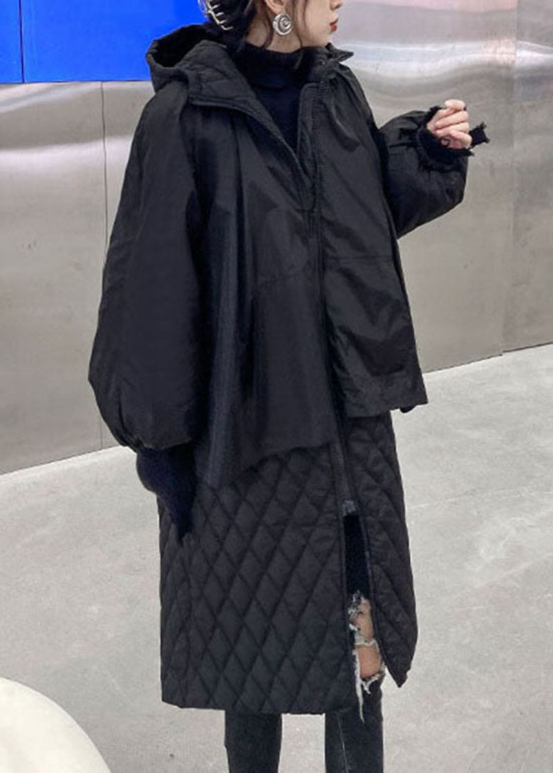 Bohème Noir À Capuche Plaid Patchwork Fine Coton Rempli Manteaux Hiver - Doudounes femmes