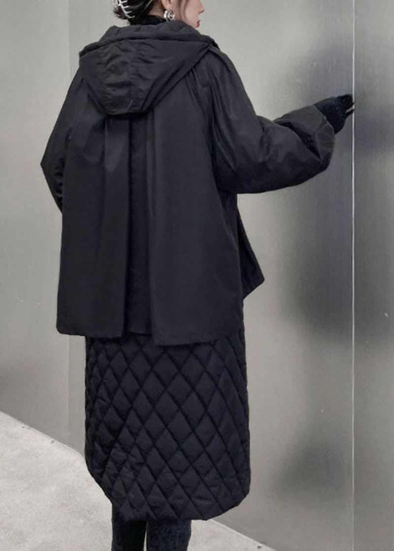 Bohème Noir À Capuche Plaid Patchwork Fine Coton Rempli Manteaux Hiver - Doudounes femmes