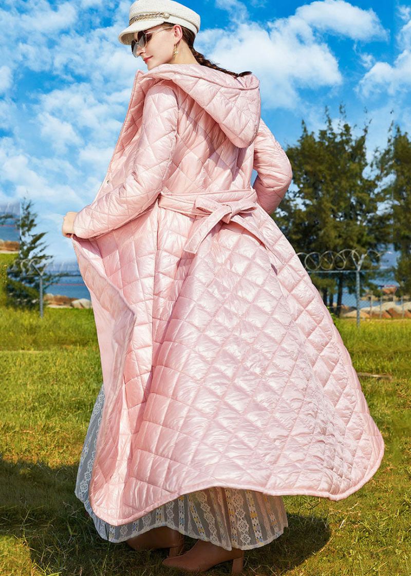 Bohème Rose À Capuche Allonger Les Manteaux De Serrage Remplis De Coton Fin Hiver - Doudounes femmes