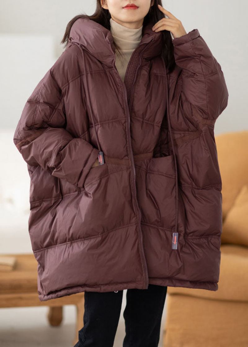 Bref Rouge Violacé Cordon Zippé Duvet De Canard À Capuche Vers Le Bas Manteau Hiver - Rouge Violacé