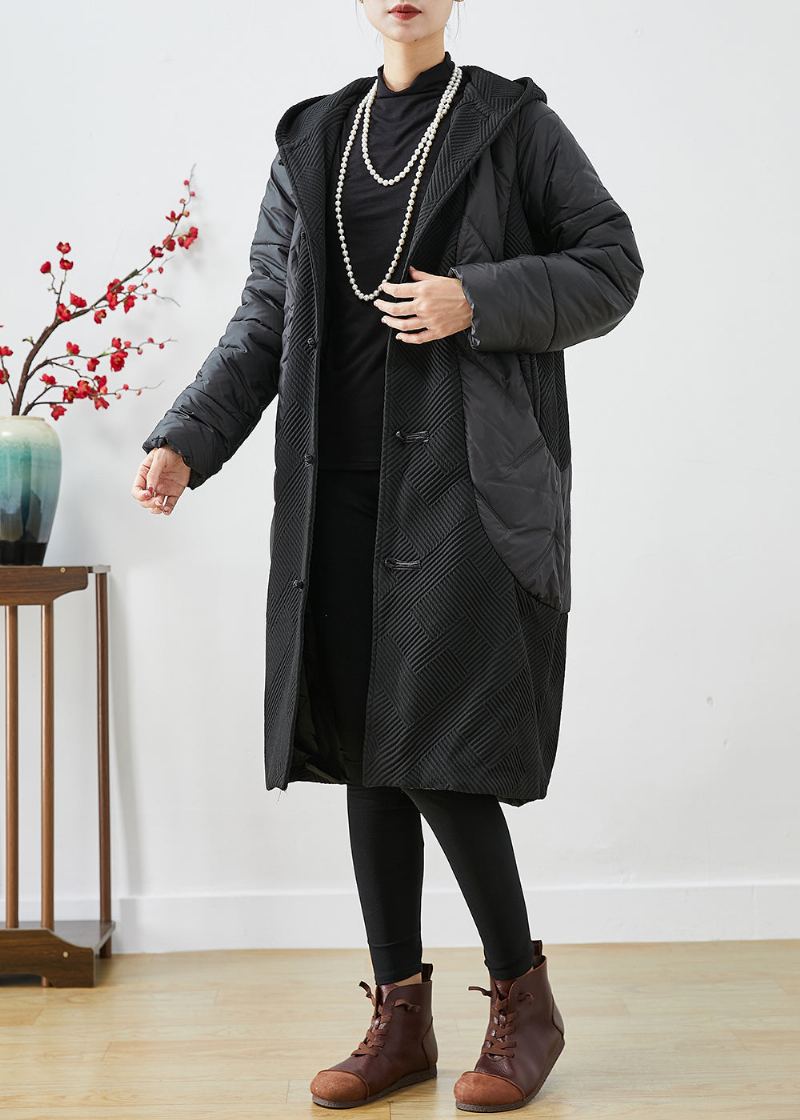 Bricolage Noir À Capuche Patchwork Bouton Chinois Fine Coton Rempli Parka Hiver - Doudounes femmes