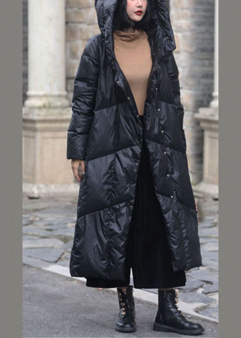 Chic Noir À Capuche Poches Décontractées Hiver Manteaux En Duvet De Canard