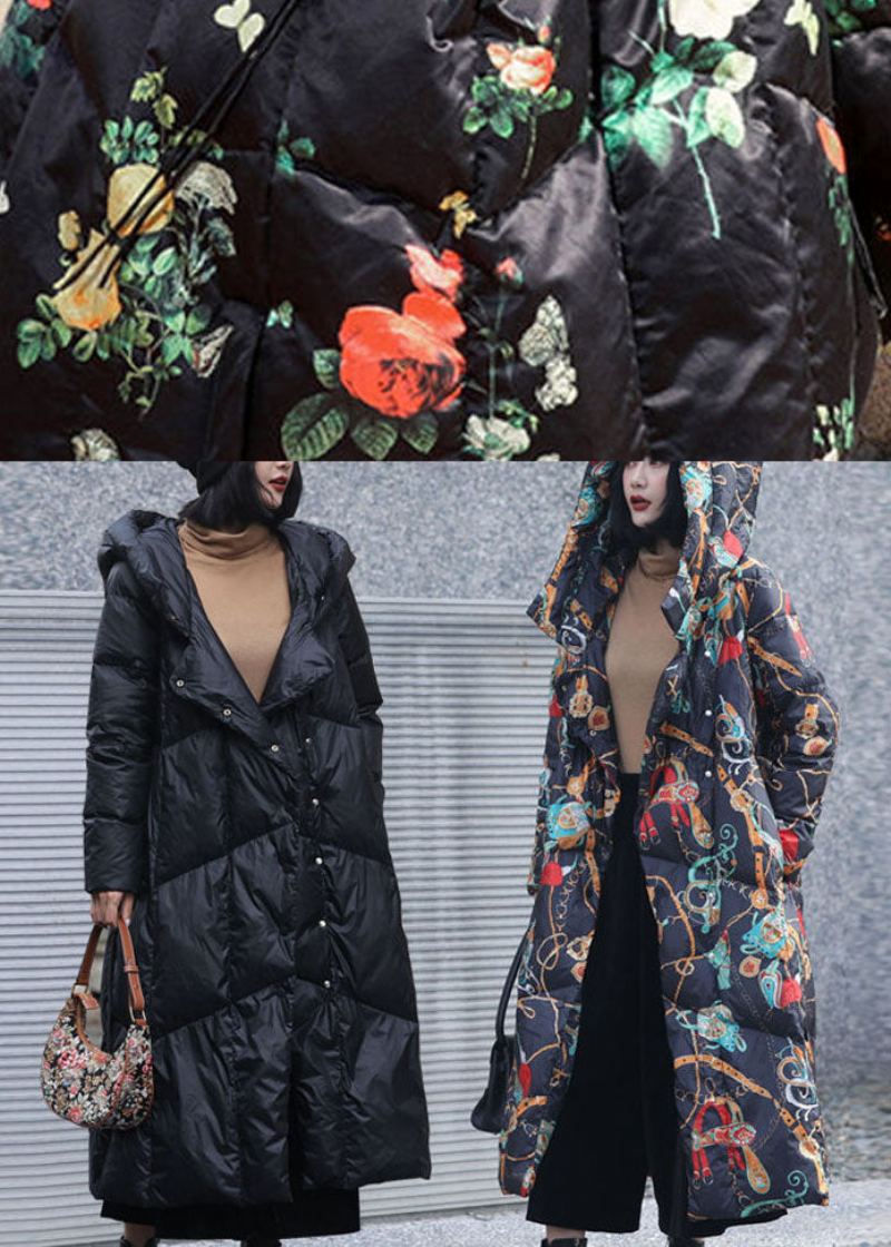 Chic Noir À Capuche Poches Décontractées Hiver Manteaux En Duvet De Canard - Noir