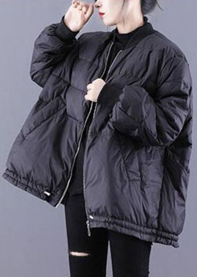 Chic Noir Col Montant Surdimensionné Fin Coton Rempli Doudoune Hiver - Noir