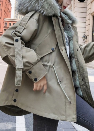 Décontracté Armée Vert Renard Col Poches Cordon Patchwork Amovible Parka Hiver