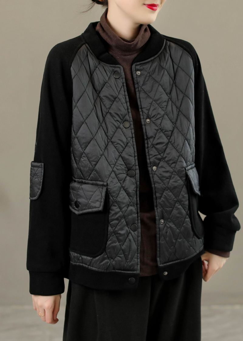 Décontracté Café Col Rond Plaid Patchwork Boutonné Vestes Hiver - Café