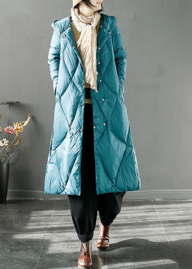 Élégant Bleu Poches À Carreaux Bouton Duvet De Canard Long Manteau À Capuche À Manches Longues