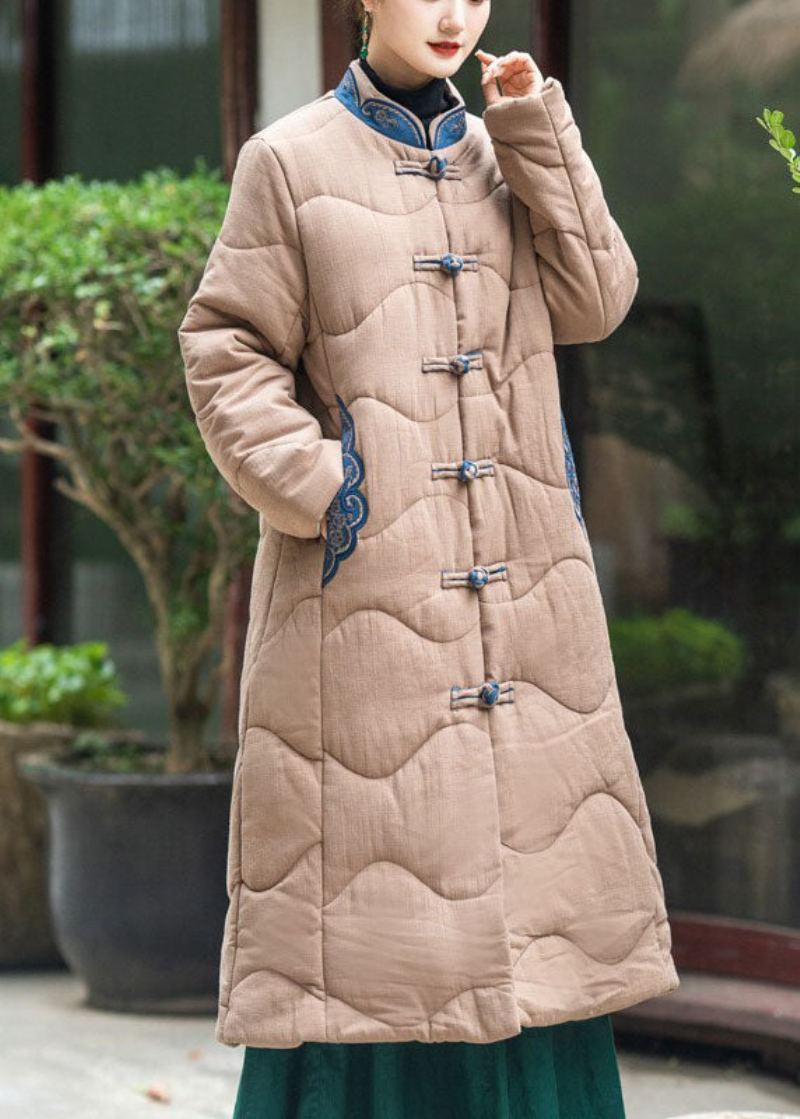 Élégant Col Montant Kaki Brodé Allonger Le Manteau Witner Rempli De Coton Fin