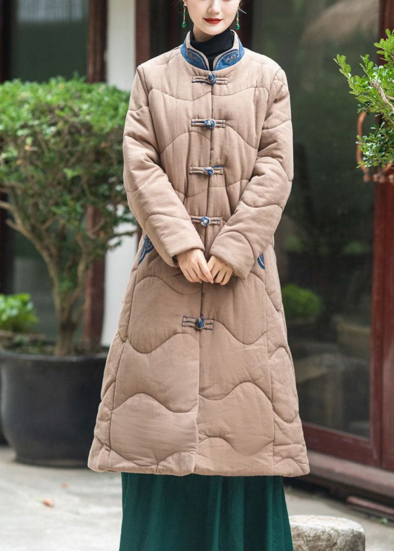 Élégant Col Montant Kaki Brodé Allonger Le Manteau Witner Rempli De Coton Fin - Kaki