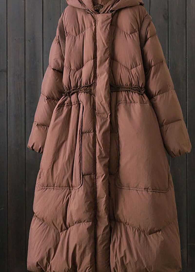 Élégant Marron À Capuche Patchwork Poches Canard Vers Le Bas Doudoune Hiver - Doudounes femmes
