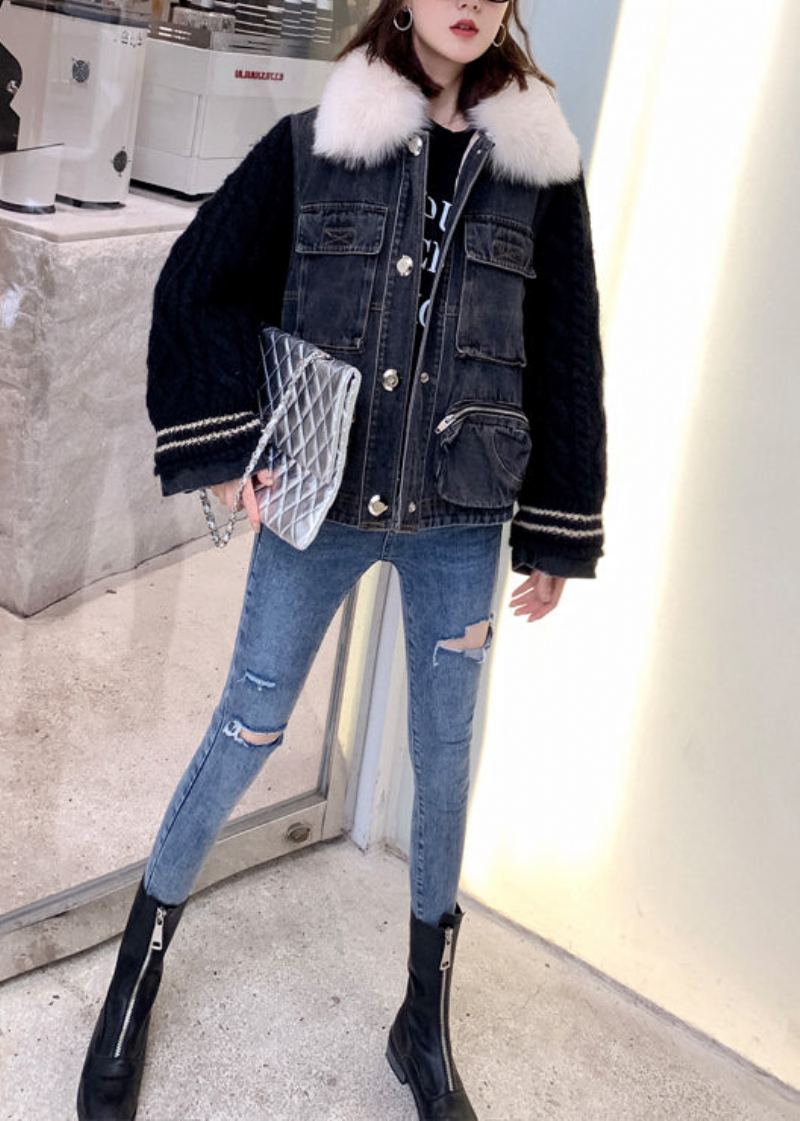 Élégant Tricoté Patchwork Chaud Polaire Denim Veste Hiver - Doudounes femmes