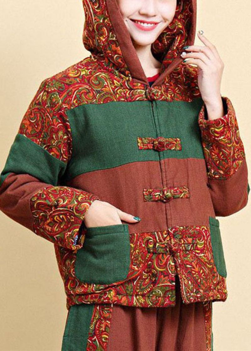 Femmes Marron À Capuche Poches Patchwork Fin Coton Rempli Parkaer Hiver