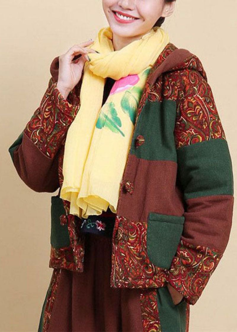 Femmes Marron À Capuche Poches Patchwork Fin Coton Rempli Parkaer Hiver - Doudounes femmes