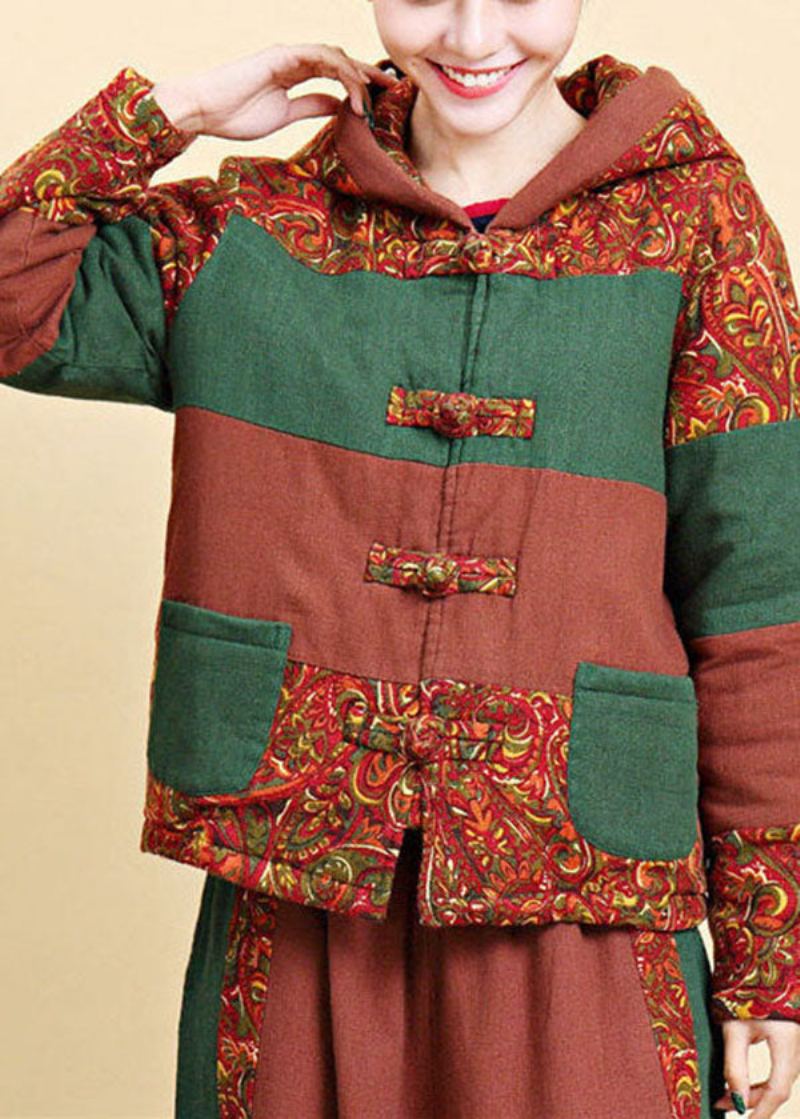 Femmes Marron À Capuche Poches Patchwork Fin Coton Rempli Parkaer Hiver - Doudounes femmes