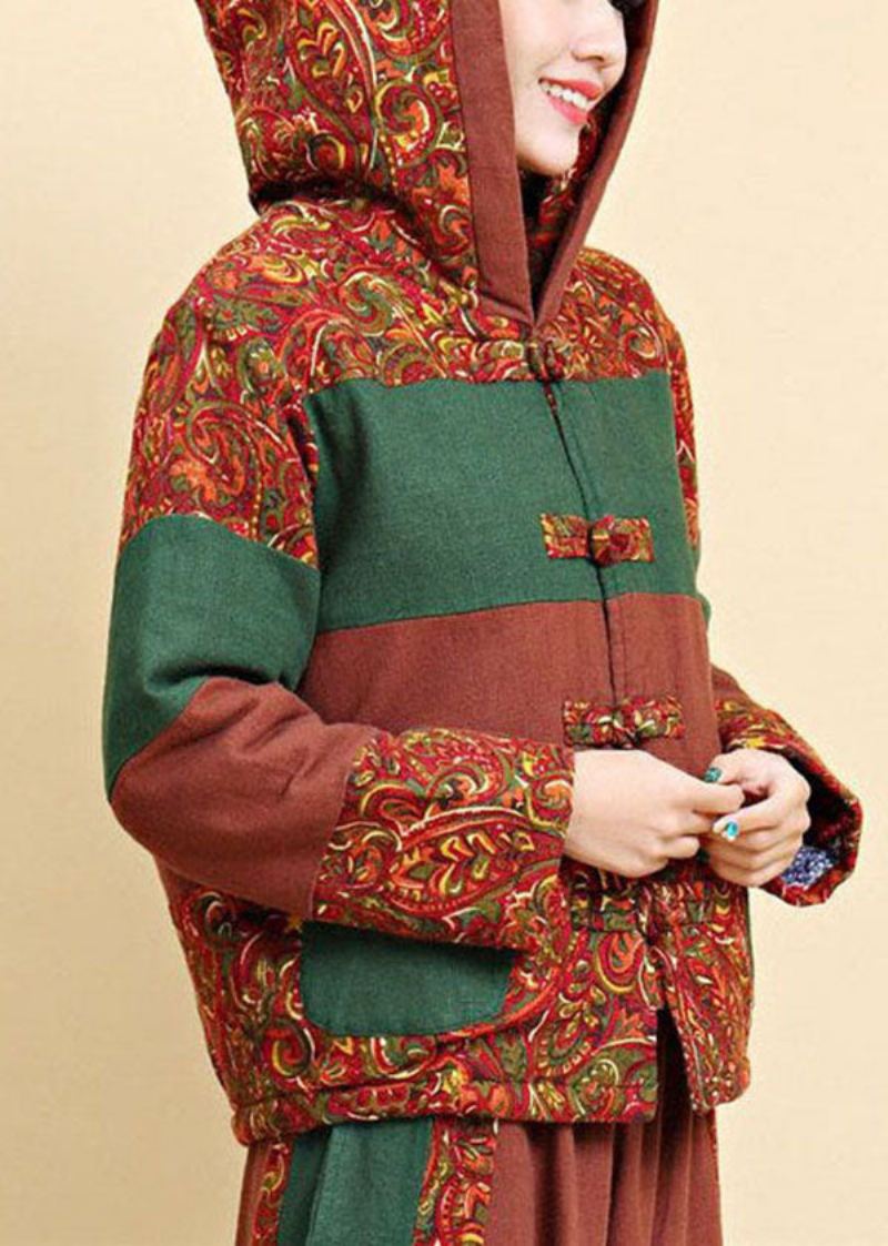 Femmes Marron À Capuche Poches Patchwork Fin Coton Rempli Parkaer Hiver - Doudounes femmes