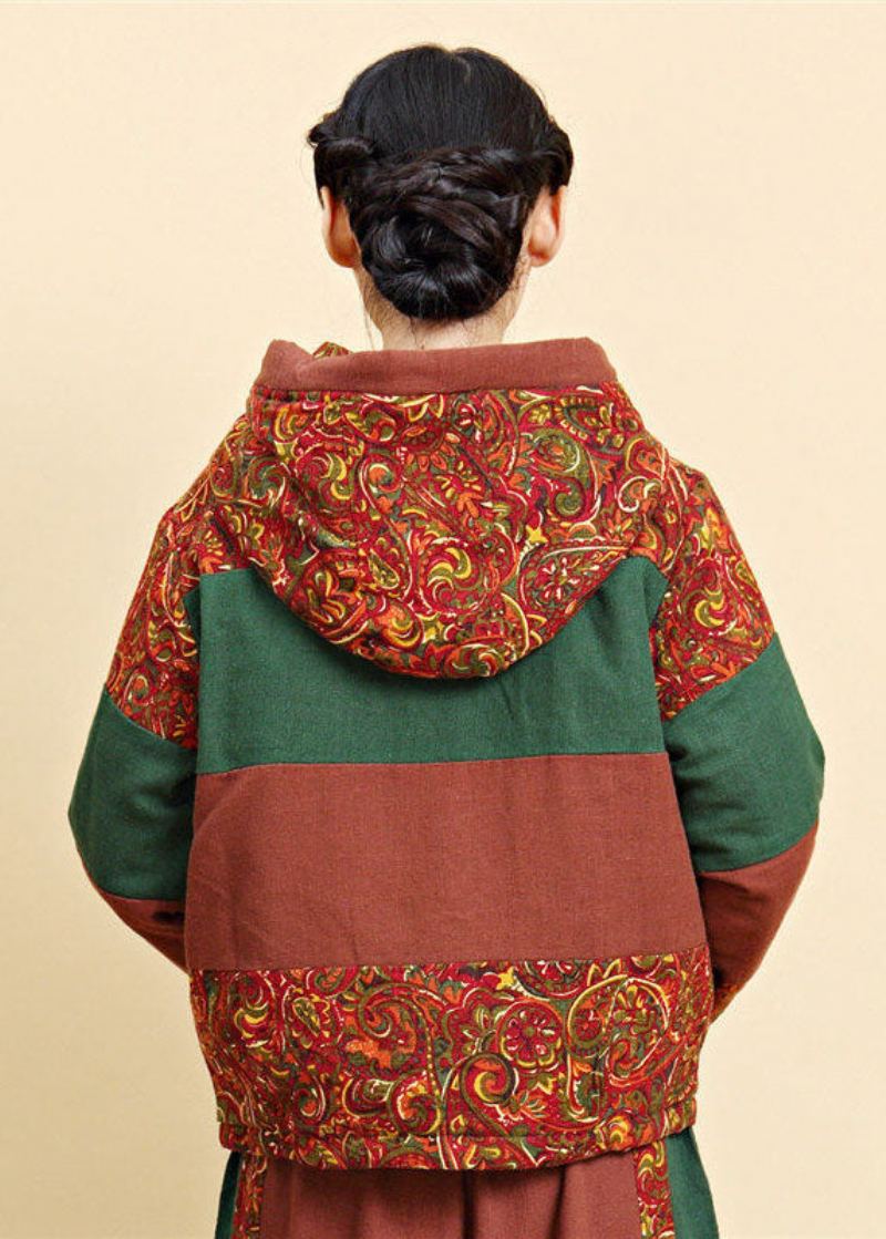 Femmes Marron À Capuche Poches Patchwork Fin Coton Rempli Parkaer Hiver - Doudounes femmes