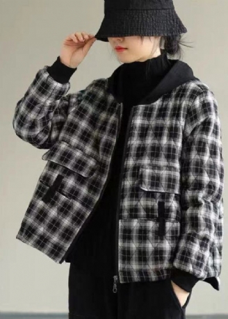 Femmes Noir Plaid À Capuche Fine Coton Rempli Doudoune Hiver