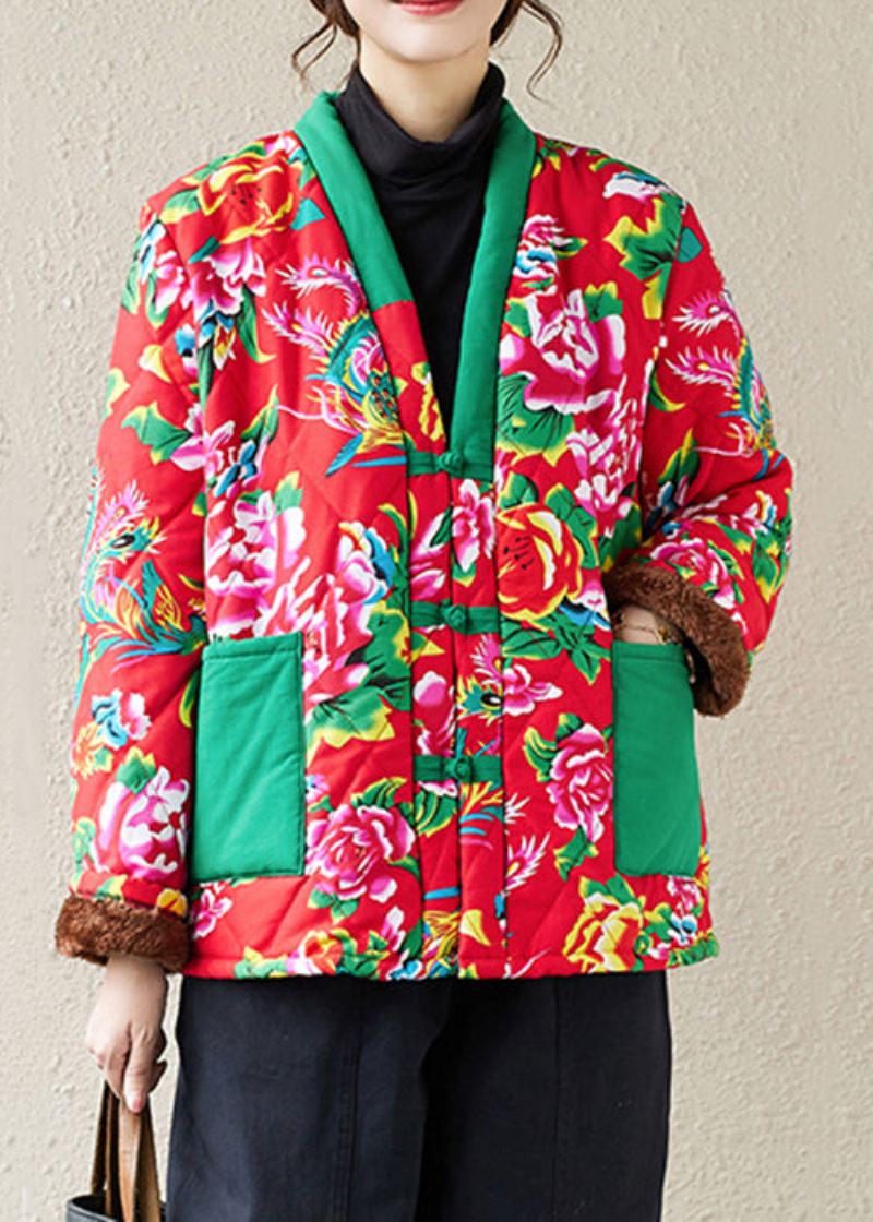 Femmes Rouge Imprimé Poches Patchwork Chaud Polaire Parka Hiver - Doudounes femmes