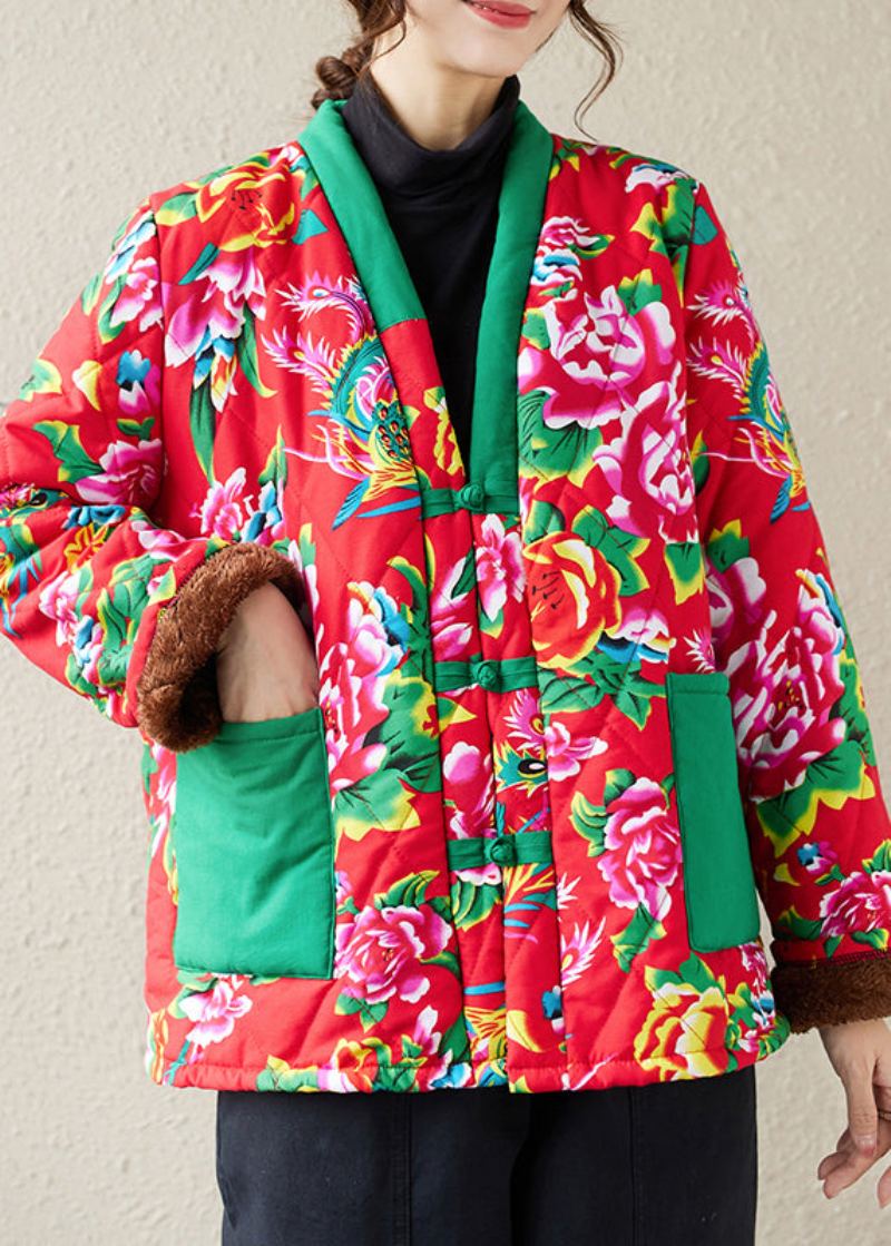 Femmes Rouge Imprimé Poches Patchwork Chaud Polaire Parka Hiver - Doudounes femmes