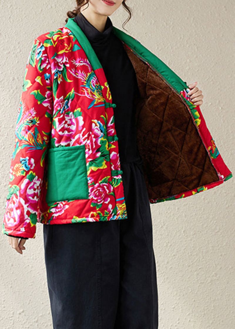 Femmes Rouge Imprimé Poches Patchwork Chaud Polaire Parka Hiver - Doudounes femmes