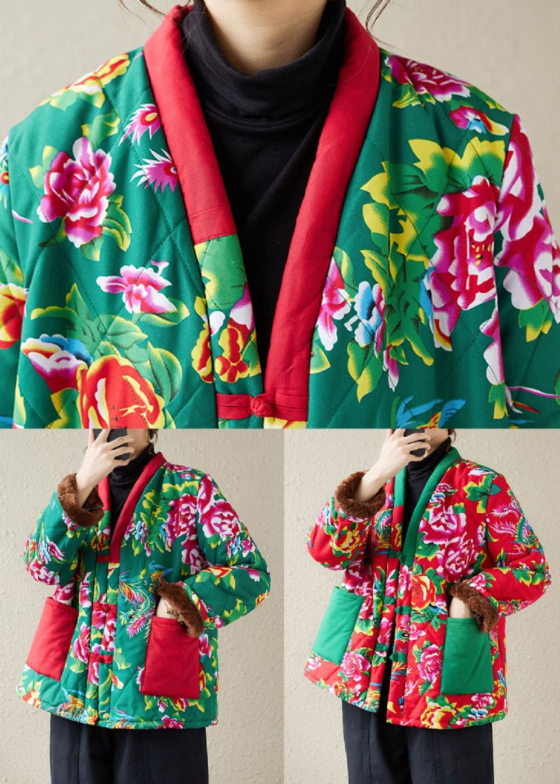 Femmes Rouge Imprimé Poches Patchwork Chaud Polaire Parka Hiver - Doudounes femmes
