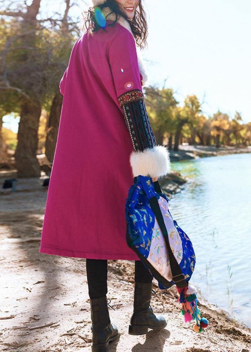 Femmes Rouge Vêtements D'hiver Amples Vestes De Neige Broderie Col En Fausse Fourrure - Doudounes femmes