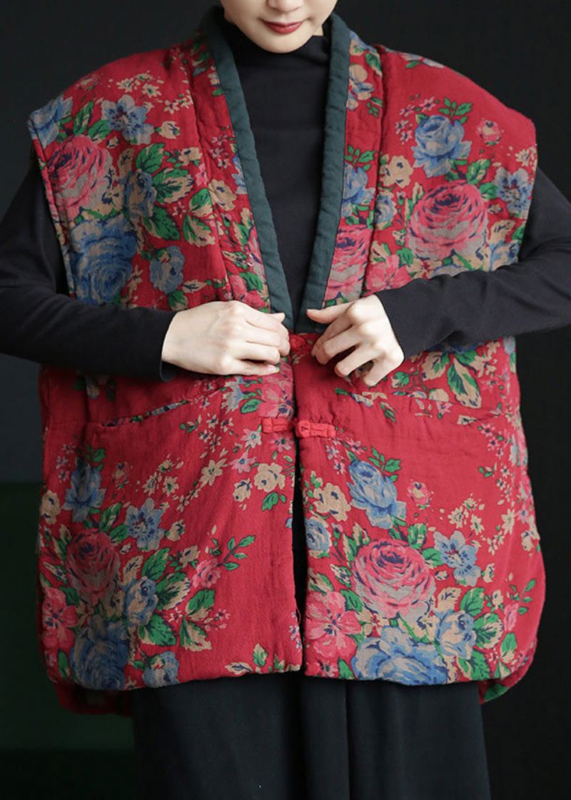 Gilet Polaire Chaud Rétro Rouge Col En V Imprimé Bouton Hiver - Doudounes femmes